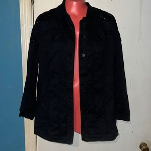 Black Chico’s Jacket. Long Chico’s Jacket With Embellished Shoulders, Size 1